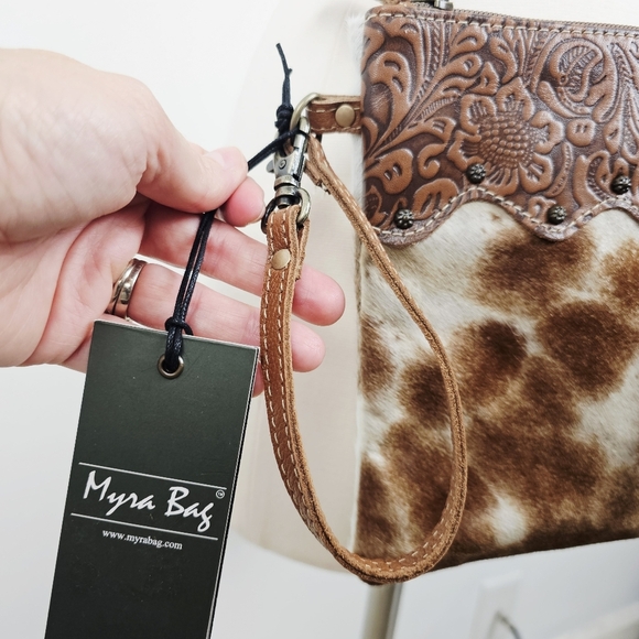 Myra Ornate Brown Leather & HairOn Shoulder Crossbody Purse NWT - Picture 4 of 9